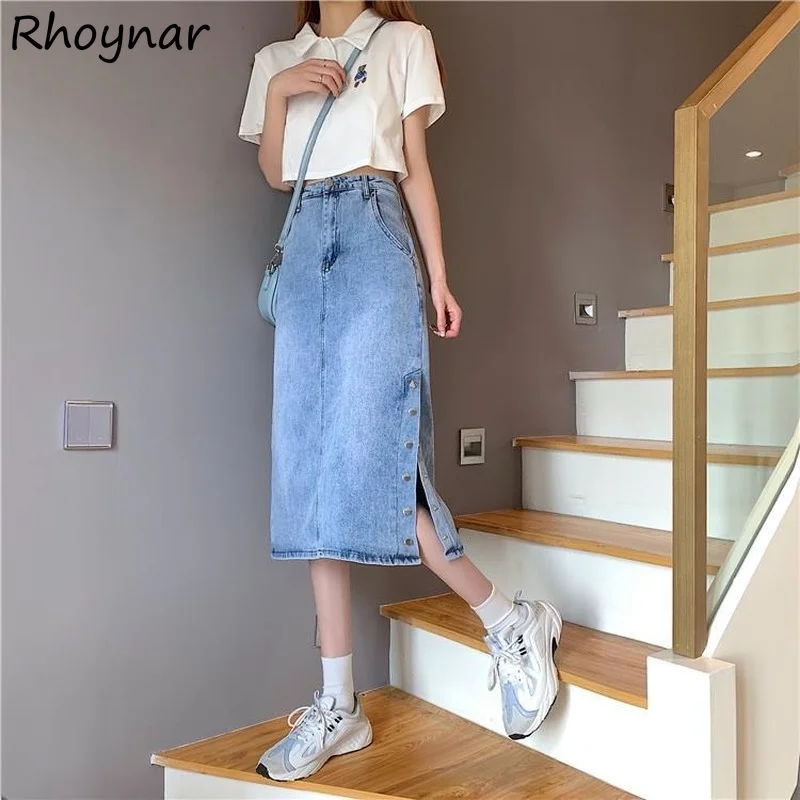 Spódnice Damskie Jednolite Z Rozcięciem Z Boku Guziki Prosty Krój Retro Eleganckie Codzienne Słodkie Podstawowe Uniwersalne Szykowne Ins College Letnie Nowe Młodzieżowe