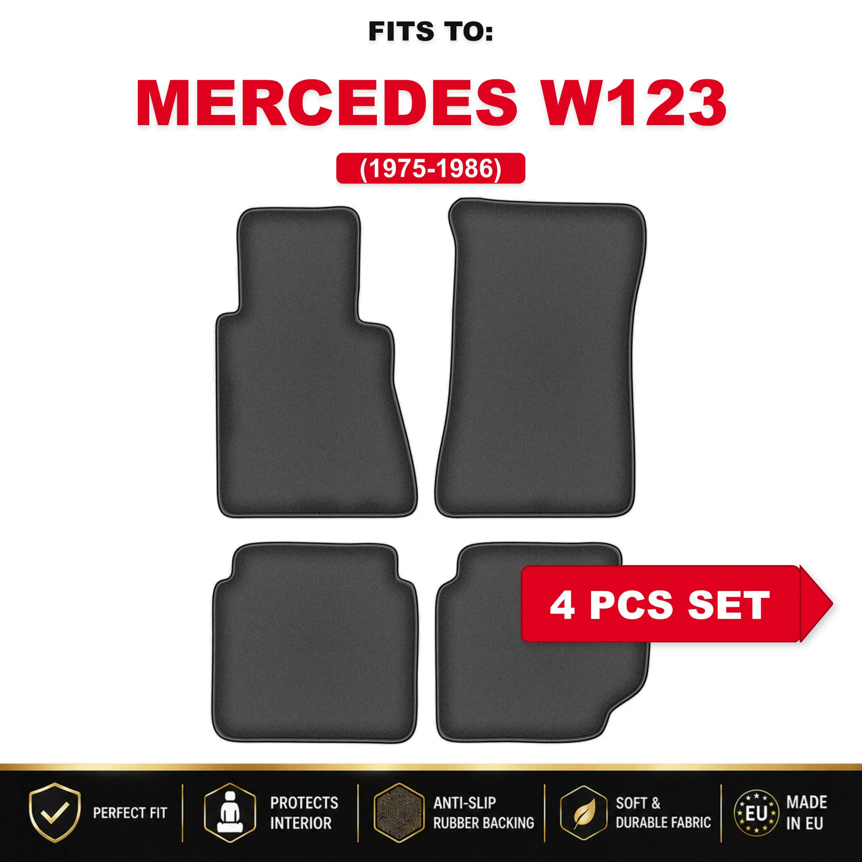 Premium velours autovloermatten, 4 stuks Voor: Mercedes W123 1975–1986, autospecifieke automatten, set