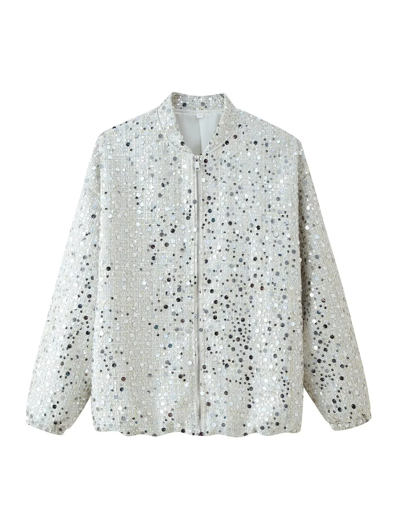 

Autumn Winter Sequin Jacket French Style Elegant Stand Up Collar Long Sleeved Top Women Versatile Loose Zipper Cardigan Coat