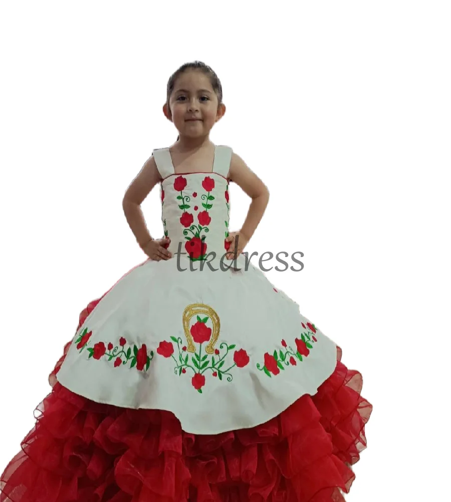 Organza Puff Mexicain Fleur Filles Robe 2025 Escaramuza Charra Broderie Filles Robe D'anniversaire Volants Pageant PartyCustomize