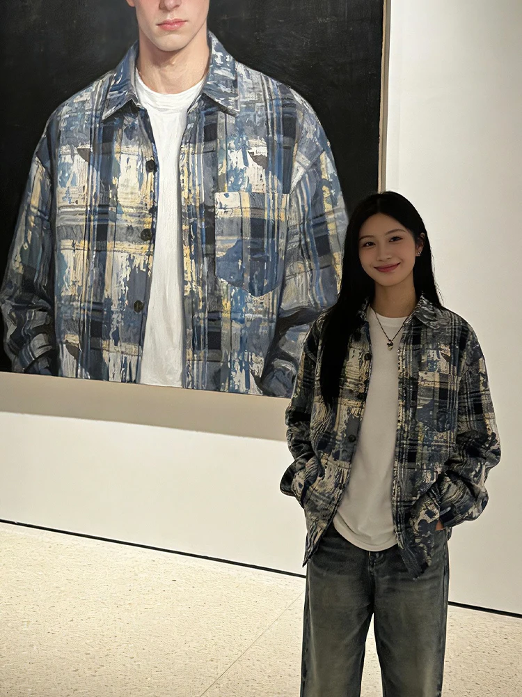 

Retro American Dyed Plaid Long Sve irt Men's Winter High End Feeling Cool Couple Outerwear College Sle Layered Wear