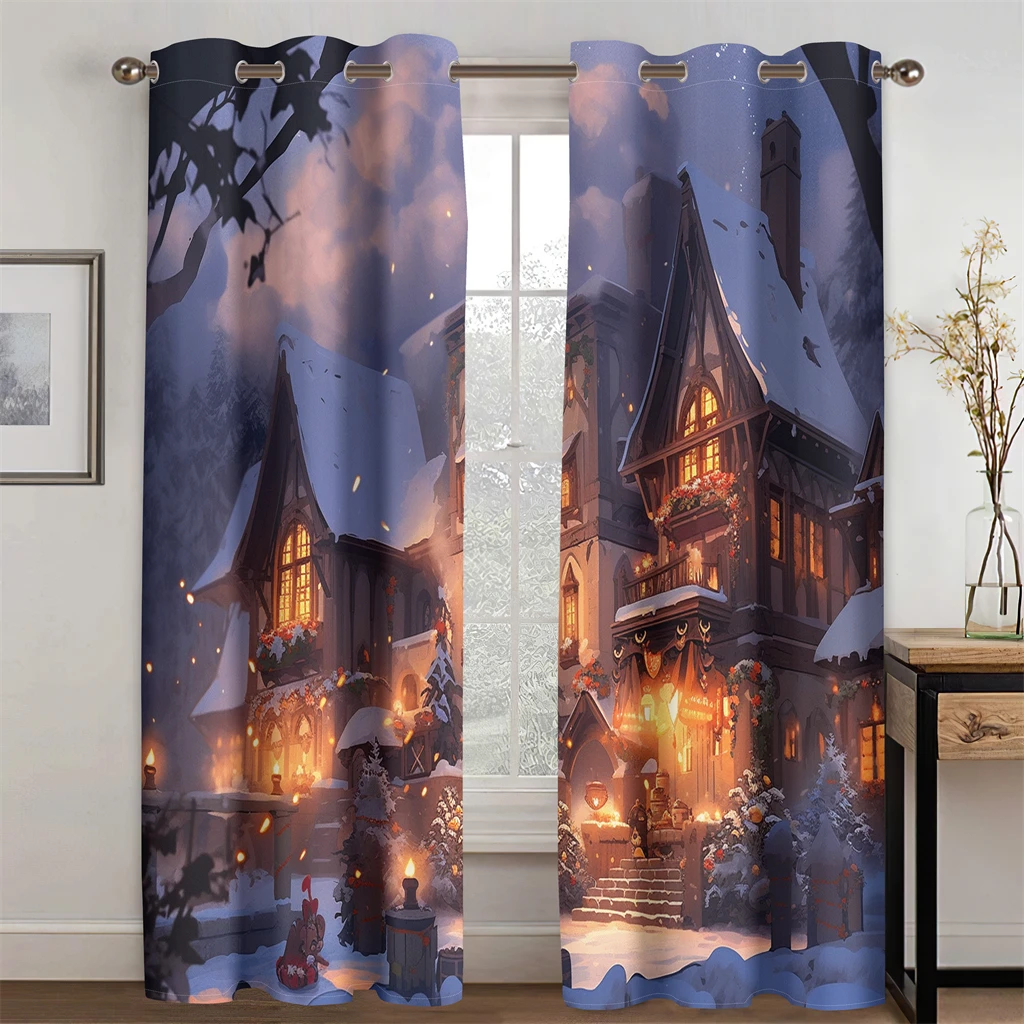 3D Christmas New Year Castle Exquisite Curtains Fairy Tale Style 2pcs Fit Children's Room Living Room Bedroom Decor