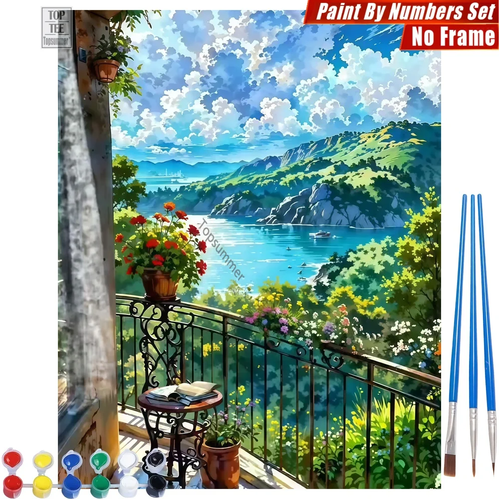 

Balcony Books Flowers DIY Painting By Numbers Kit - Seaside Reading Nook Abstract Wall Art Christmas Gift For Grandma
