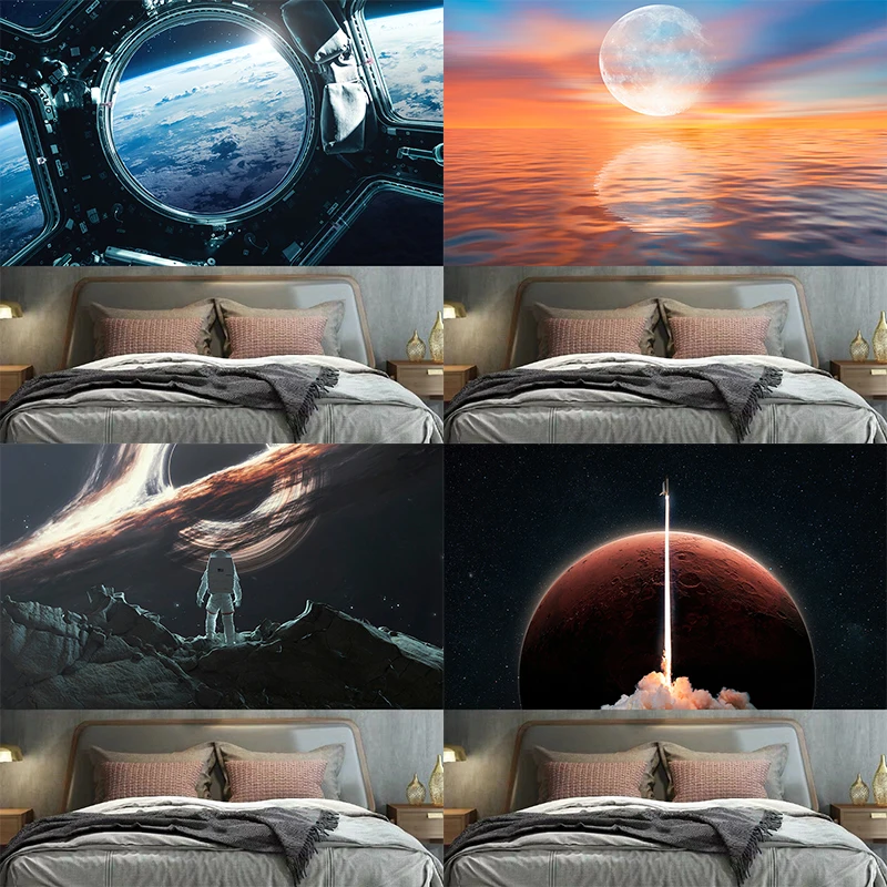 Tapiz de fondo de tela para decoración de pared, tapiz de astronauta, cohete espacial, Planeta, universo, dormitorio, sala de estar y hogar