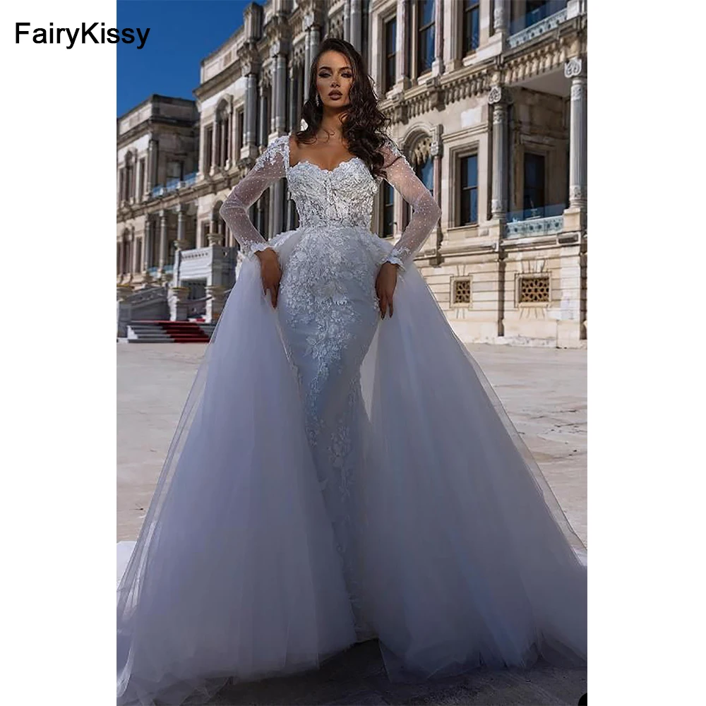 FairyKissy Unique Lace Square Collar Bridal Gowns Appliques with Overskirts Wedding Dress Custom Made Elegant Vestido de novia