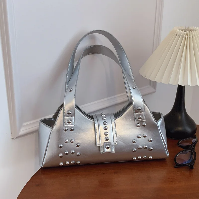 

2025 Early Autumn Underarm Bag, Textured Shoulder Purse, Vintage Studded Top Handle Tote, Spacious Day to Night Crossbody
