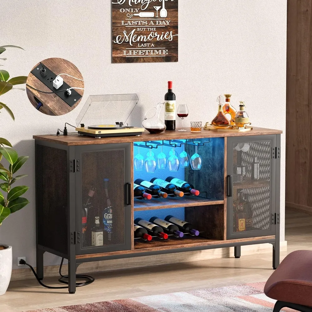 Wine Bar Cabinet with Led Lights and Power Outlets, Bar Cabinet for Liquor and Glasses,Farmhouse Bar Cabinet, Rustic Brown