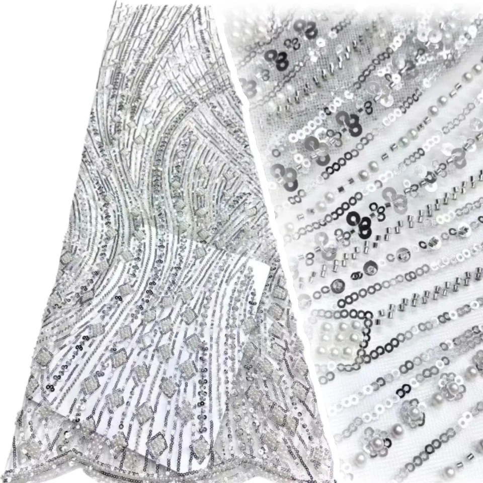 

Французская сетка из бисера, свадебная кружевная ткань, бусины, африканское кружево с блестками, горячая распродажа 2025, нигерийские бусины для женщин, свадебное платье, шить CC1792