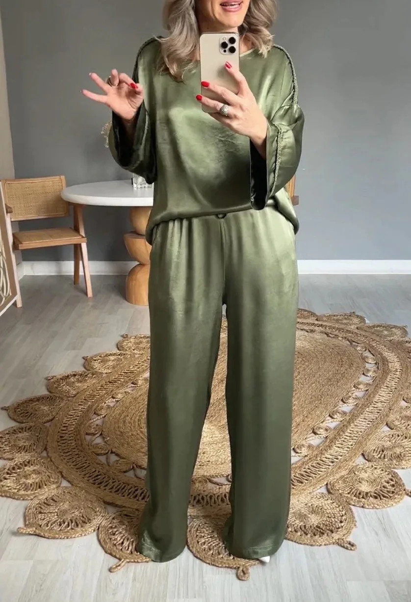 Women\'s Fashion Solid Satin Two Piece Sets New Spring Autumn Long Sleeve BlouseTop And Long Pants Suits Elegant Loose Outfits