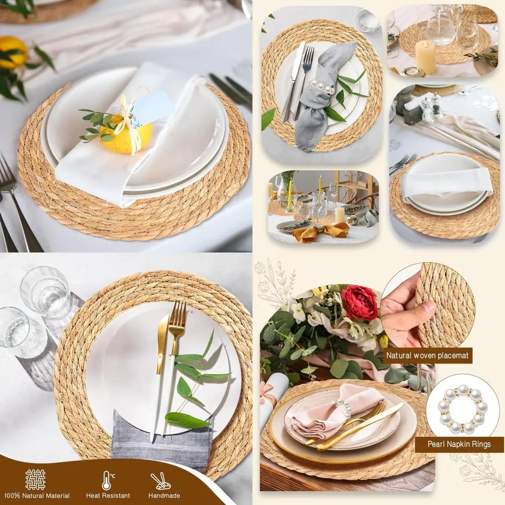 

Set of 40 Natural 12 Round Woven Placemats with 20 Pearl Napkin Rings for Boho Weddings and Dinner Parties
