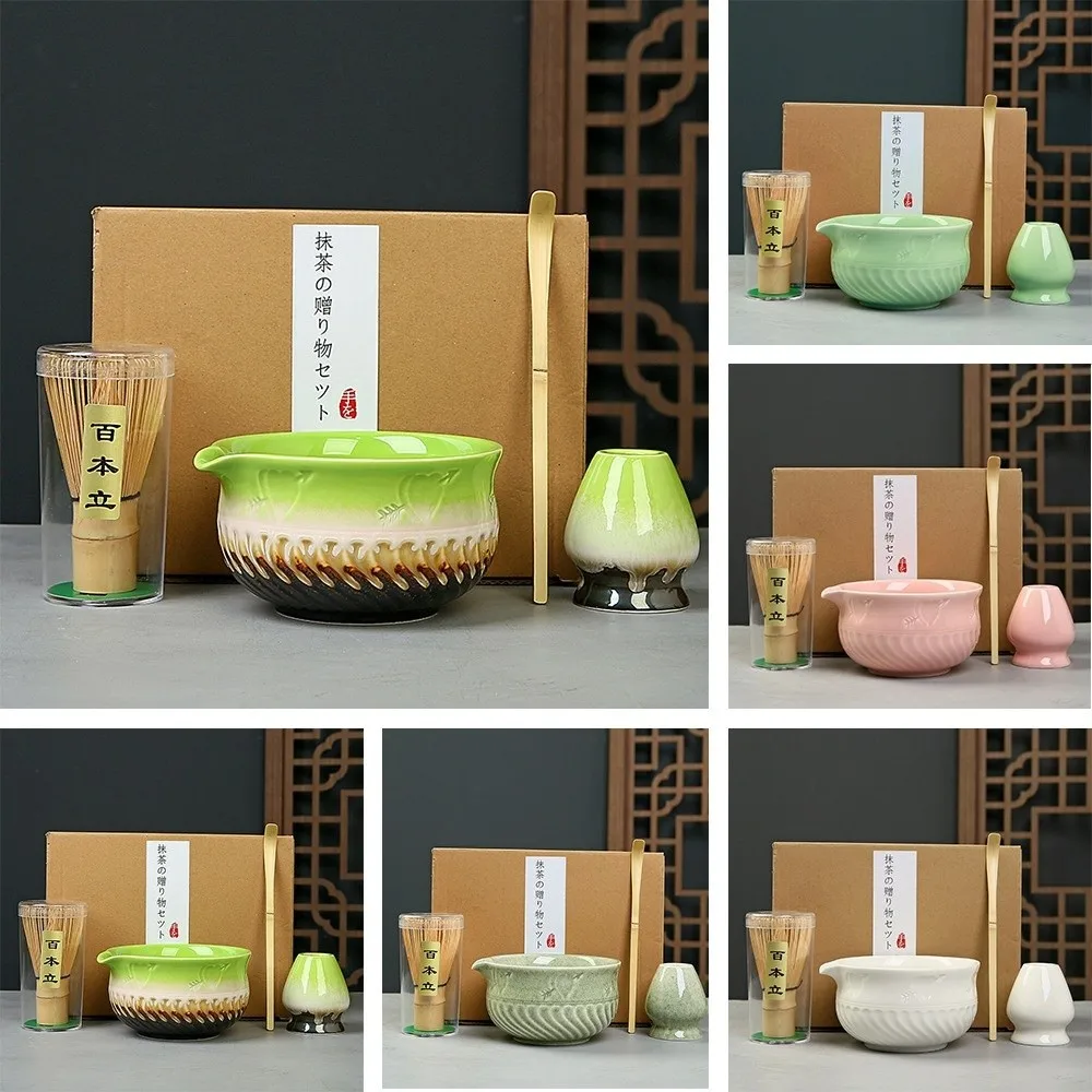 

4PCS Ceramic Bamboo Japanese Matcha Tea Set Matcha Bowl Matcha Whisk Holder Matcha Whisk Set Reusable Whisk Teaspoon Tea Sets