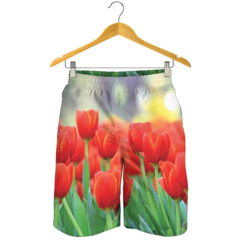 Fashion Tulip Floral Beach Shorts For Men 3D Printed Plants Flower Short Pants Surf Board Shorts Summer Loose Kids Swim Trunks