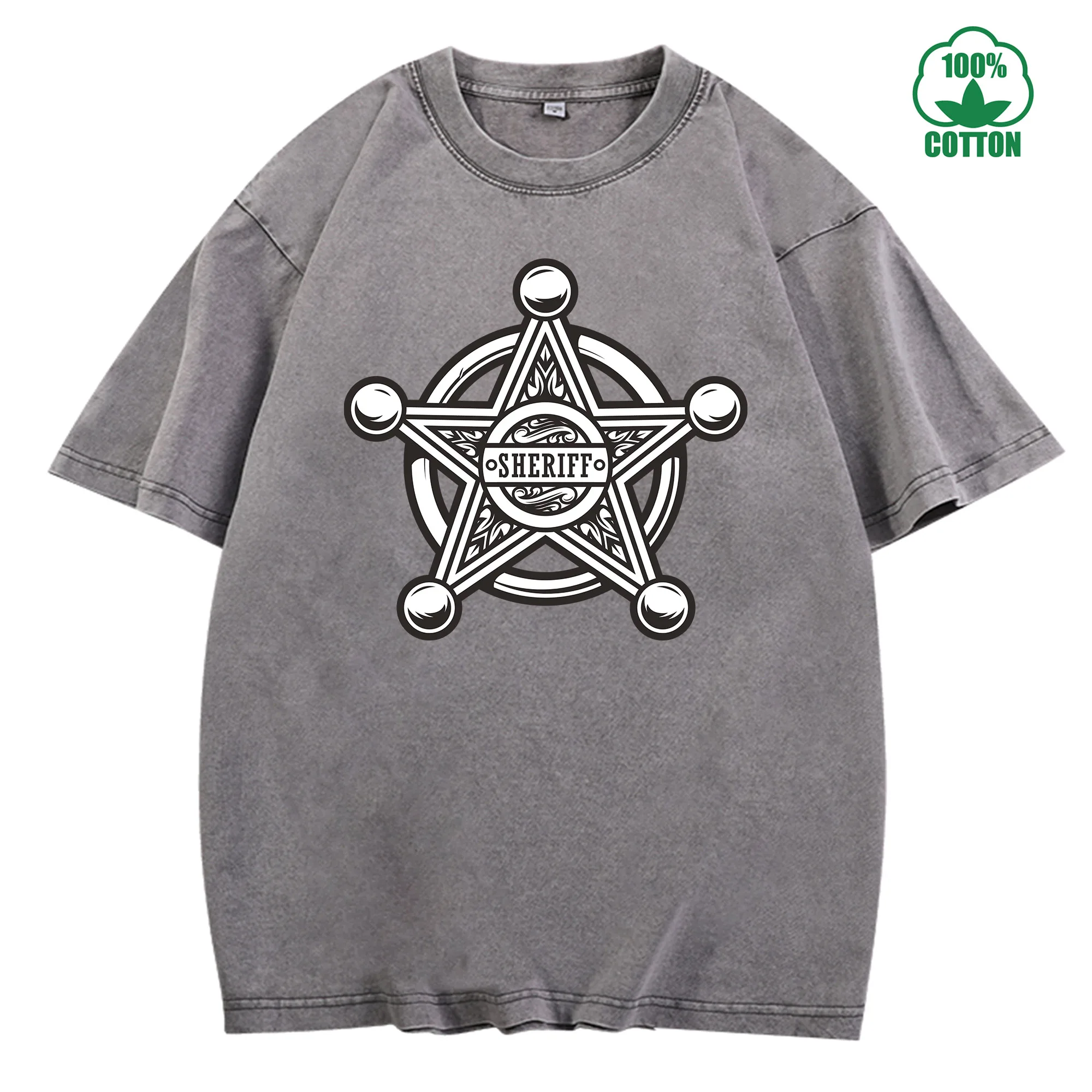 تي شيرت ويسترن شريف فينتاج مغسول 230 جرام 100% قطن مريح كبير الحجم ملابس الشارع للجنسين