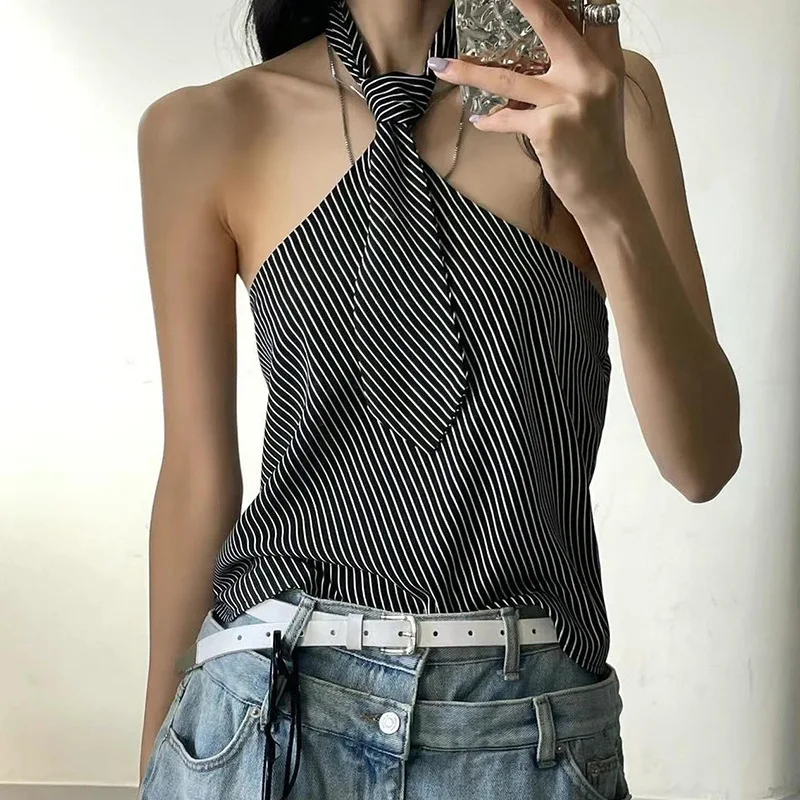 

2024 Uunisex Striped Printed Top Contrasting Color Hanging Collar Tie Up Vest Sexy Backless Women's Versatile Street Style