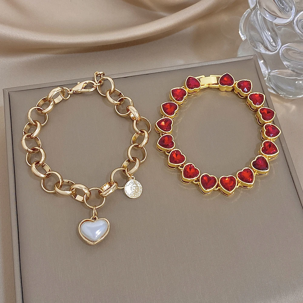 Vintage Red Rhinestones Heart Chain Bracelet for Women Trendy Chic Imitation Pearl Pendant Bracelet Party Jewelry Accessories
