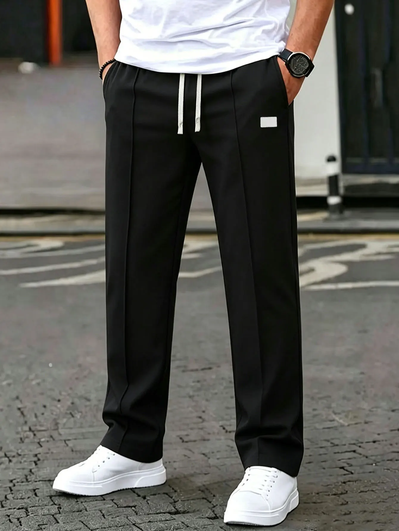 Einfarbige Herrenhose mit Kordelzug an der Taille, normale Passform, lässige, bequeme Taschenhose für Frühling und Herbst, Herrenhose für den Alltag – Detail 7