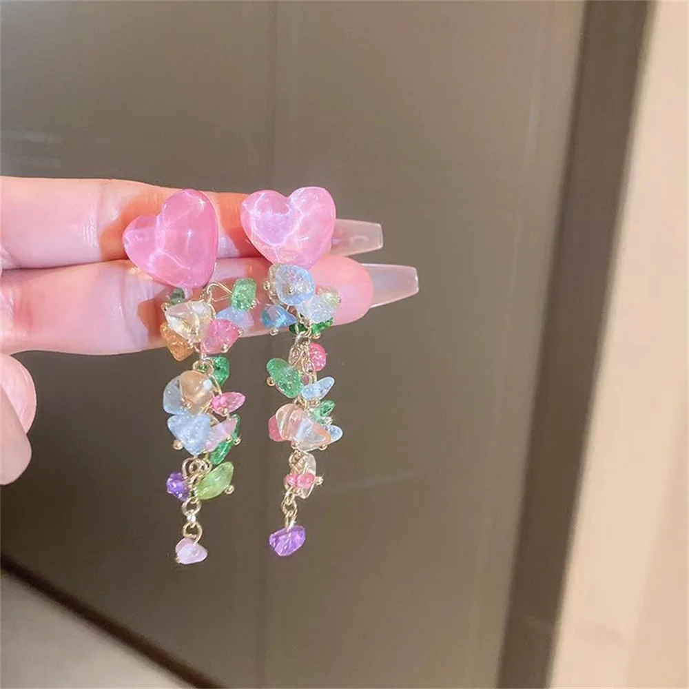 Vintage Pink Peach Heart Tassel Earrings for Women Full Crystal Heart Shape Sparkling Drop Earrings Girl Temperament Jewelry