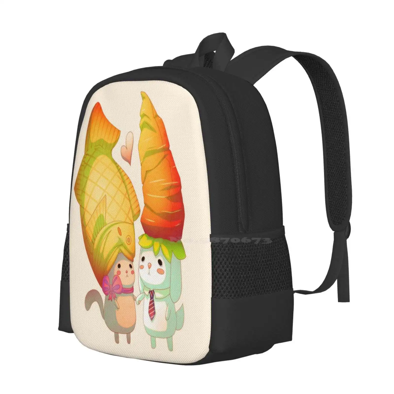 Taiyaki And Carrots Hot Sale Schoolbag Backpack Fashion Bags Taiyaki Carrot Bunny Rabbit Cat Kitty Kitten Fish Pet Animals Love