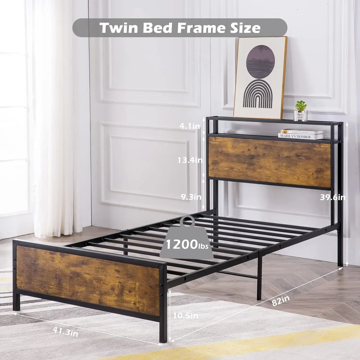 Twin Bed Frame, Platform Bed with 2-Tier Storage Headboard, Solid and Stable, Noise Free, No Box Spring Needed, Easy Ass