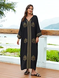 Haft Plus Size z długim rękawem Kaftan plażowa sukienka Maxi narzuta na kostium kąpielowy 2024 kobiet letnia odzież plażowa przytulna domowa szata Q1603