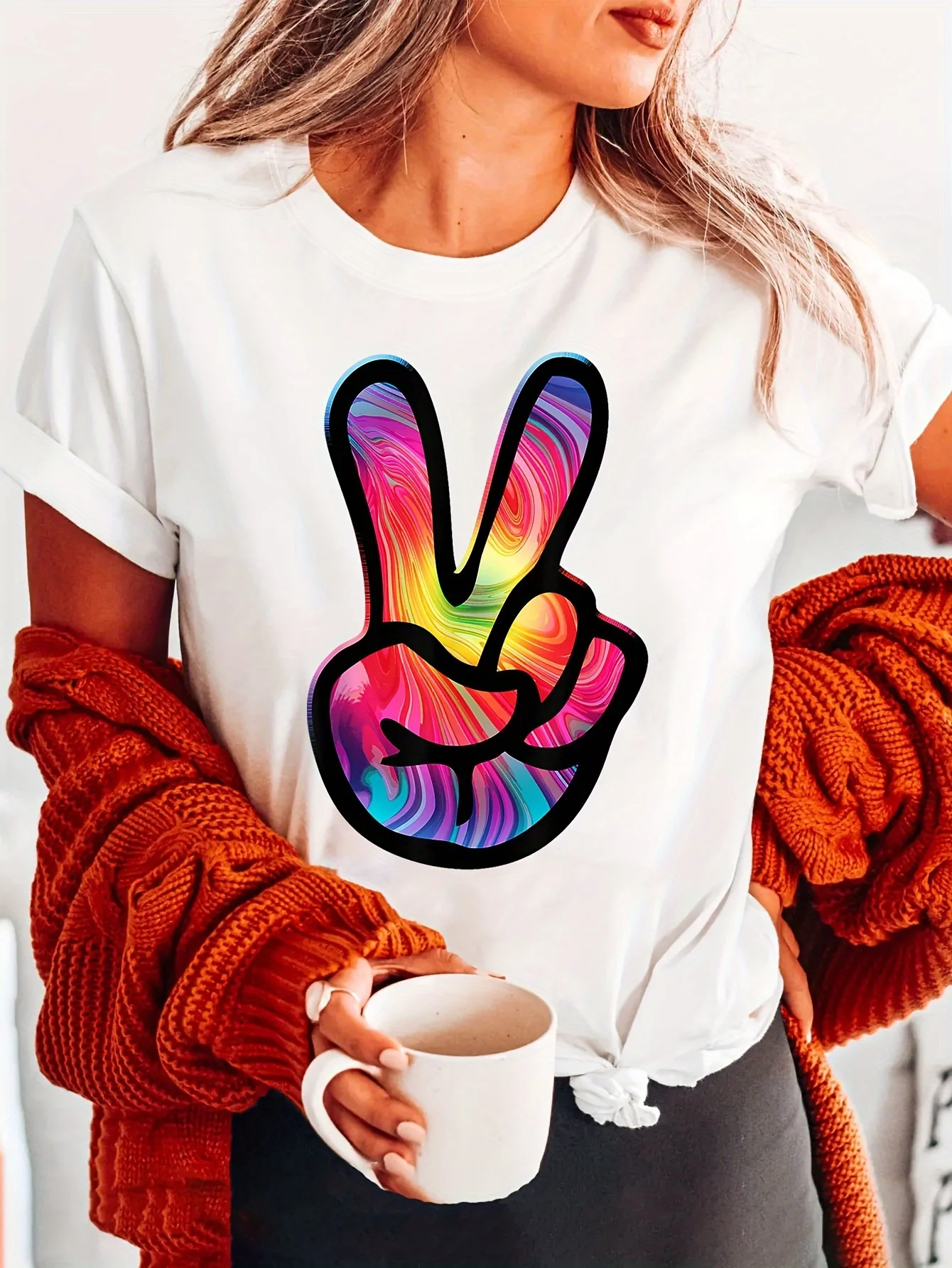 Women Crew Neck Tee Colorful Tie Dye Peace Sign Hand Graphic Print Short Sleeve Loose Ladies Cotton Plus Size Casual Top