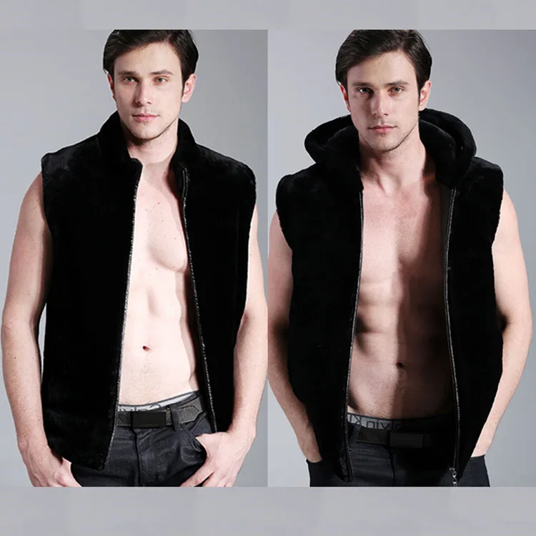 Men Vest Hooded Sleeveless Faux Fur Coat Winter Thick Warm Cardigan Slim Fur Coat Zipper Luxury Brand Men Clothing Jacket Casual