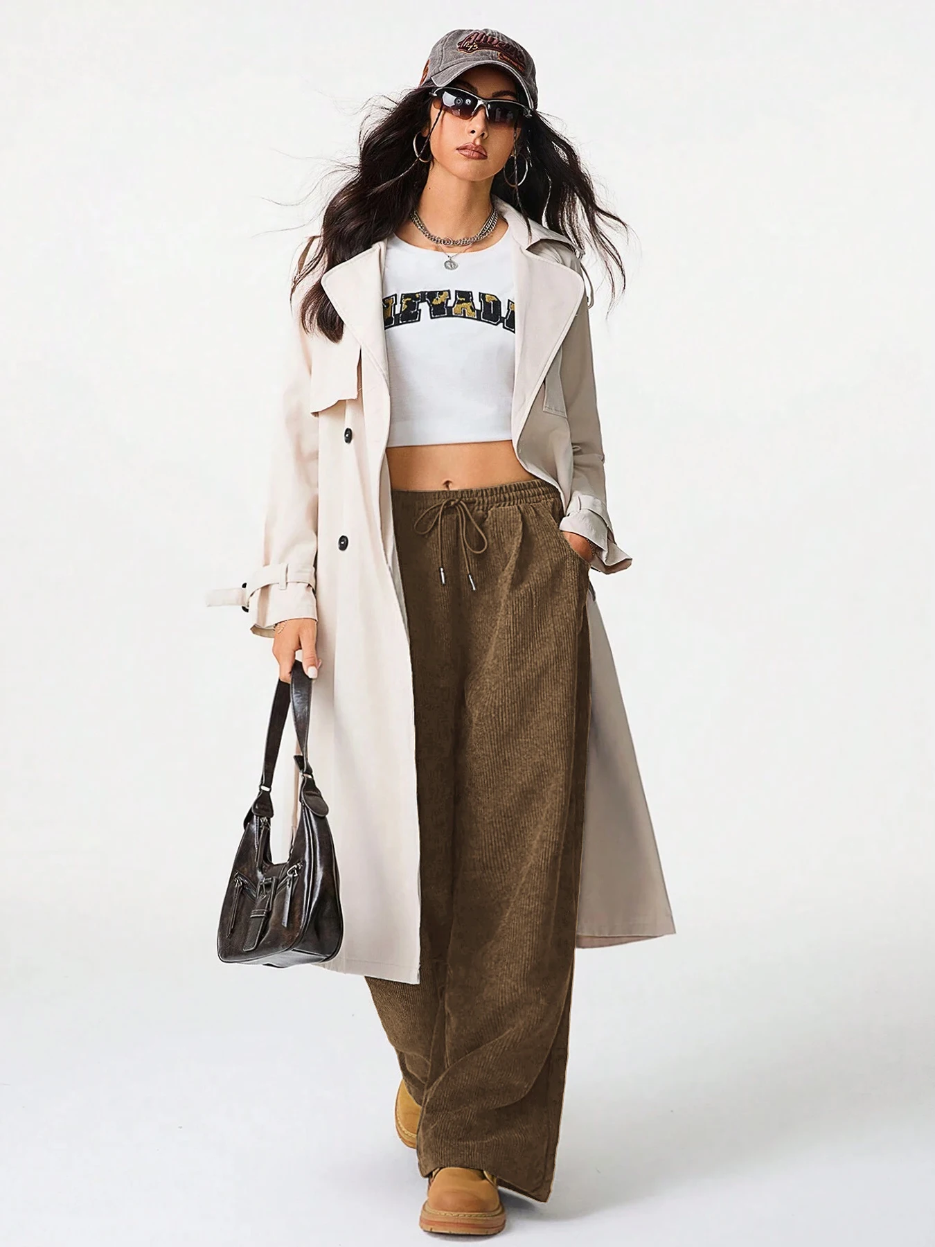 Damen Retro Cord Cargo-Hose Lässige Kordelzug Gerade Sporthose Fließende Alltags-Pendlerhose mit Weitem Bein – Detail 25