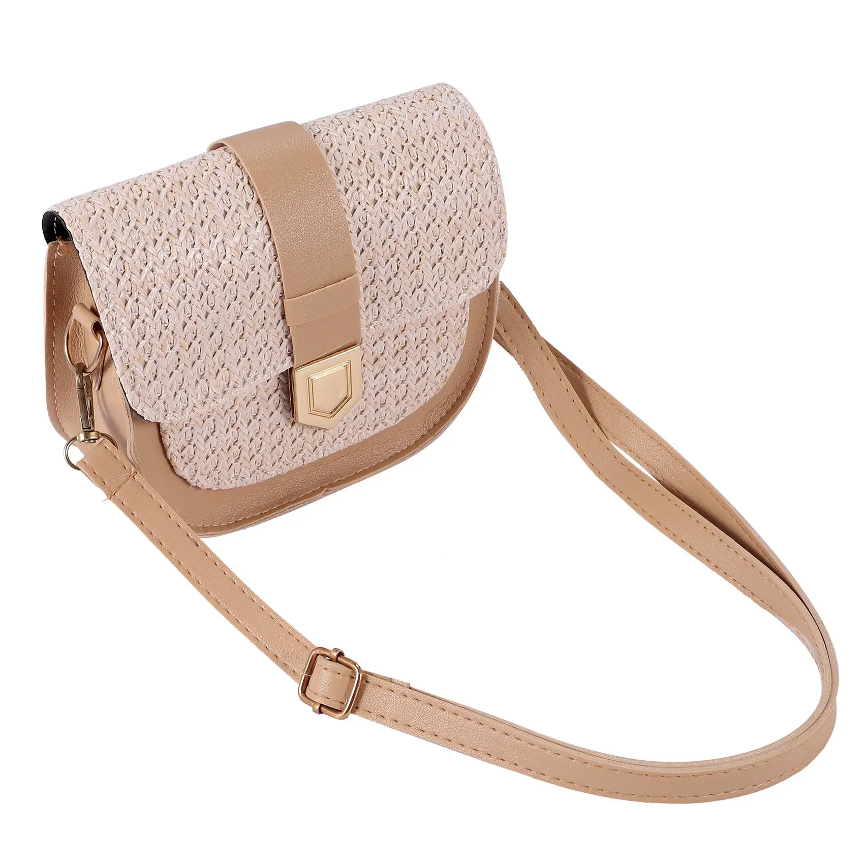 Straw Bag Woven Bag Female Fashion Simple Small Fresh One Shoulder Messenger Bag Western Style Saddle Bag(Khaki)