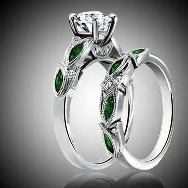 925 silver ring, creative temperament diamond-set green crystal leaf cover ring for women