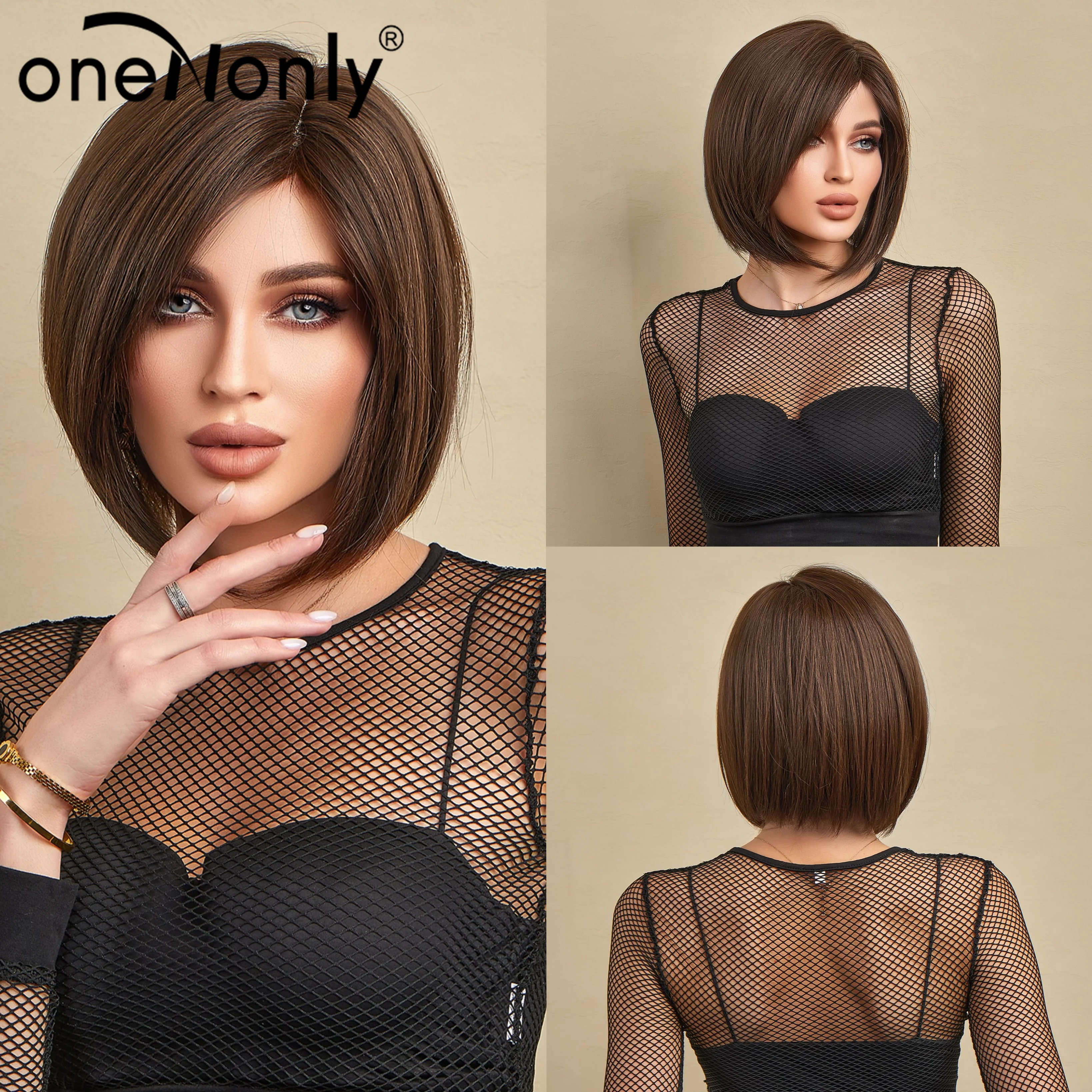 OneNonly Short Brown Synthetic Wigs with Bangs Bob Hair Wigs for Black White Women Natural Cosplay Use Heat Resistant Fiber