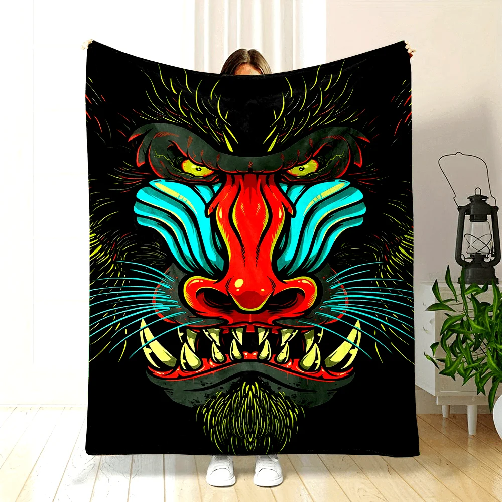 

Contemporary Flannel Fleece Throw Blanket, Polyester, Digital Print Vibrant Mixed Color Angry Mandrill Cartoon Design, Soft Non