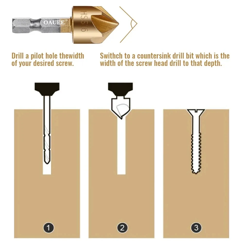 3/6Pcs Countersink Drill Bit Set 1/4\'\' Hex Shank HSS 5 Flute Countersink 90 Degree Chamfering Cutter for Wood Drill Tools Set