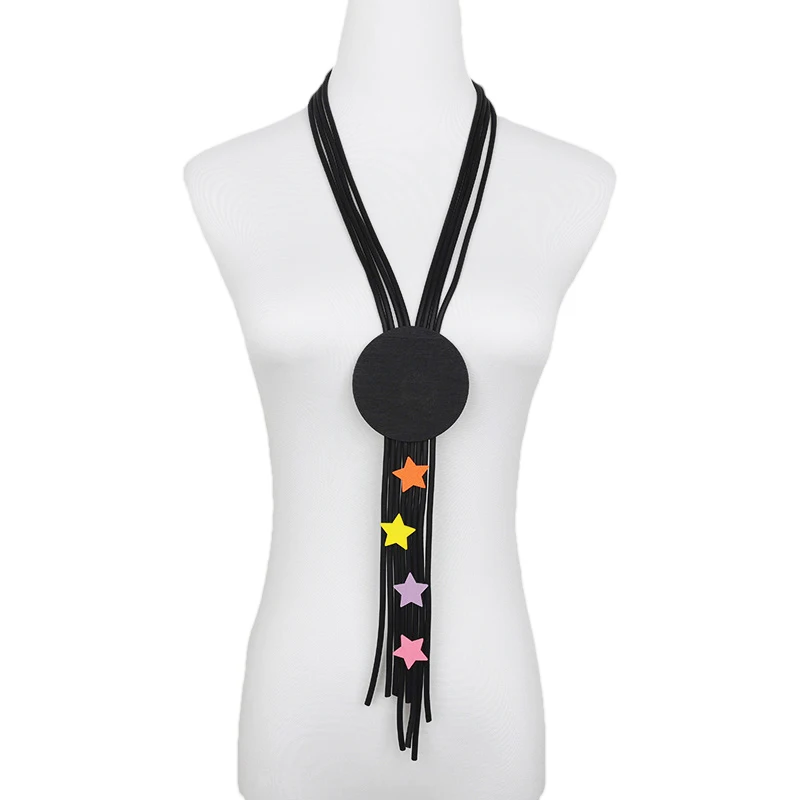 New Gothic Geometric Handmade Tassel Star Design Black Rubber Chain Jewelry Bohemian Style Sweater Chain Long Necklace