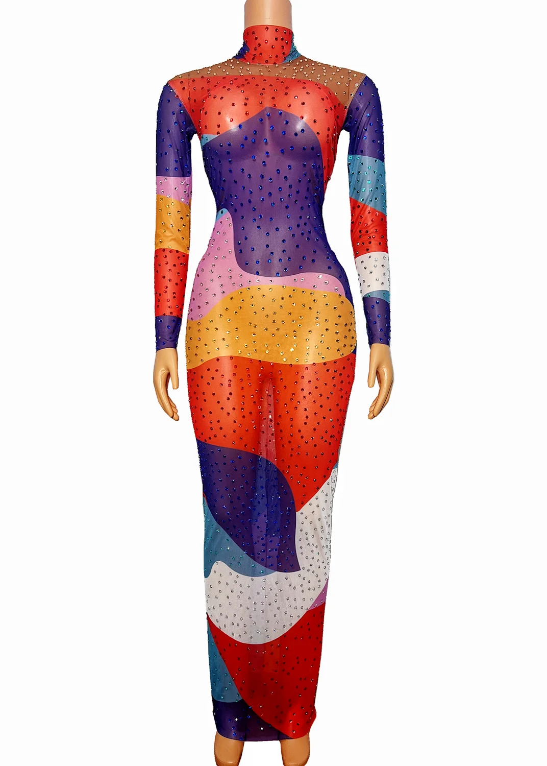 Splice Design Colorful Rhinestones Stretch Mesh Long Dress Female Singer Show Costume Birthday Celebrate Evening Dress