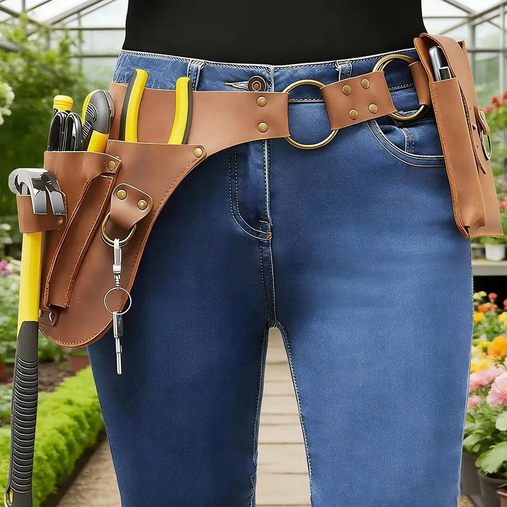 

PU Material Waist Bag Punk Style Rivet Decor Tool Pouch Multi-Pocket Design Leather Construction Hip Bag Work Environment