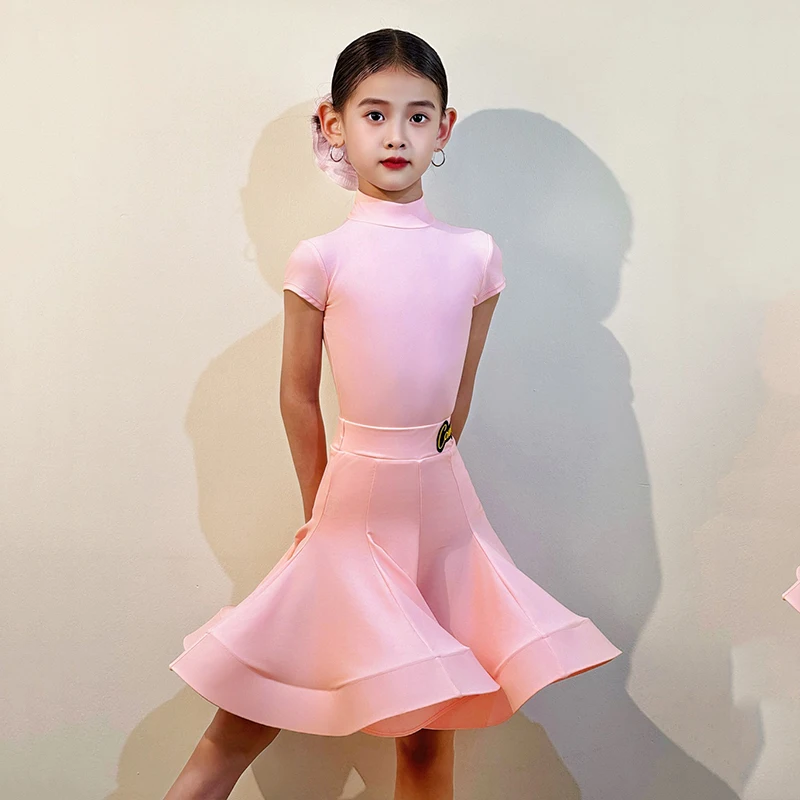 Nieuwe Professionele Latin Dans Jurk Meisjes Zomer Latin Competitie Pak Kinderen Korte Mouw Dansvoorstelling Kostuum Roze VBH1884