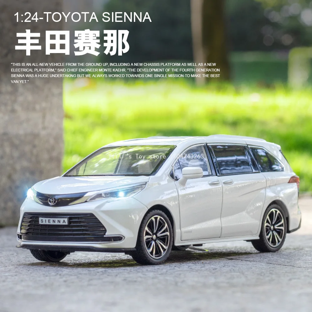 Scala 1:24 SIENNA MPV Van Toy Car Modello Diecast in miniatura Tirare indietro Suono e porte luminose Collezione apribili Regali per Boy Kid 30