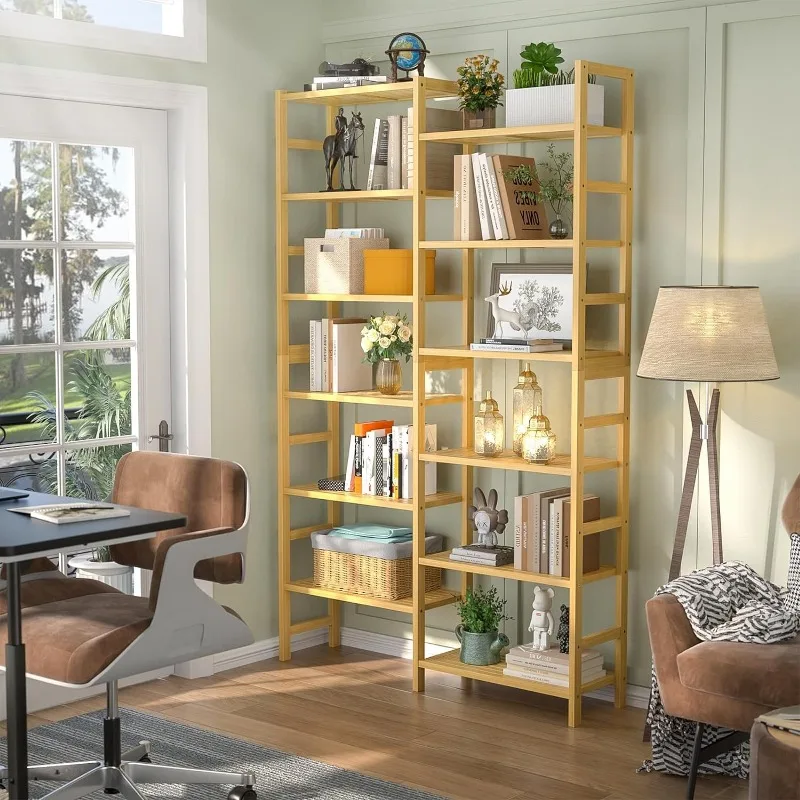 Double Wide 6-Tier Bamboo Bookshelf, 6ft Tall Bookcase with 12 Open Display Shelves, Large Book Shelf Freestanding