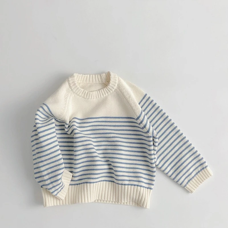 Korean Style Childrens Striped Sweater Fashion O-Neck Knitted Long Sleeve Pullover Boys Girls Soft Loose Knit Tops Baby Sweater