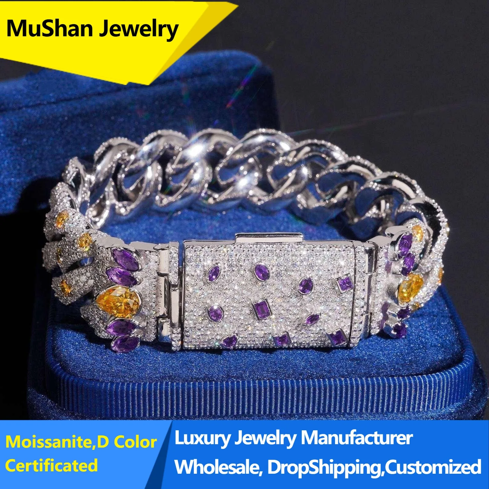 MuShan Jewelry 925 Sterling Silver Chain Bracelet Bangles D Color Moissanite Diamond Cuff Bracelets Bangles for Women Men Unisex