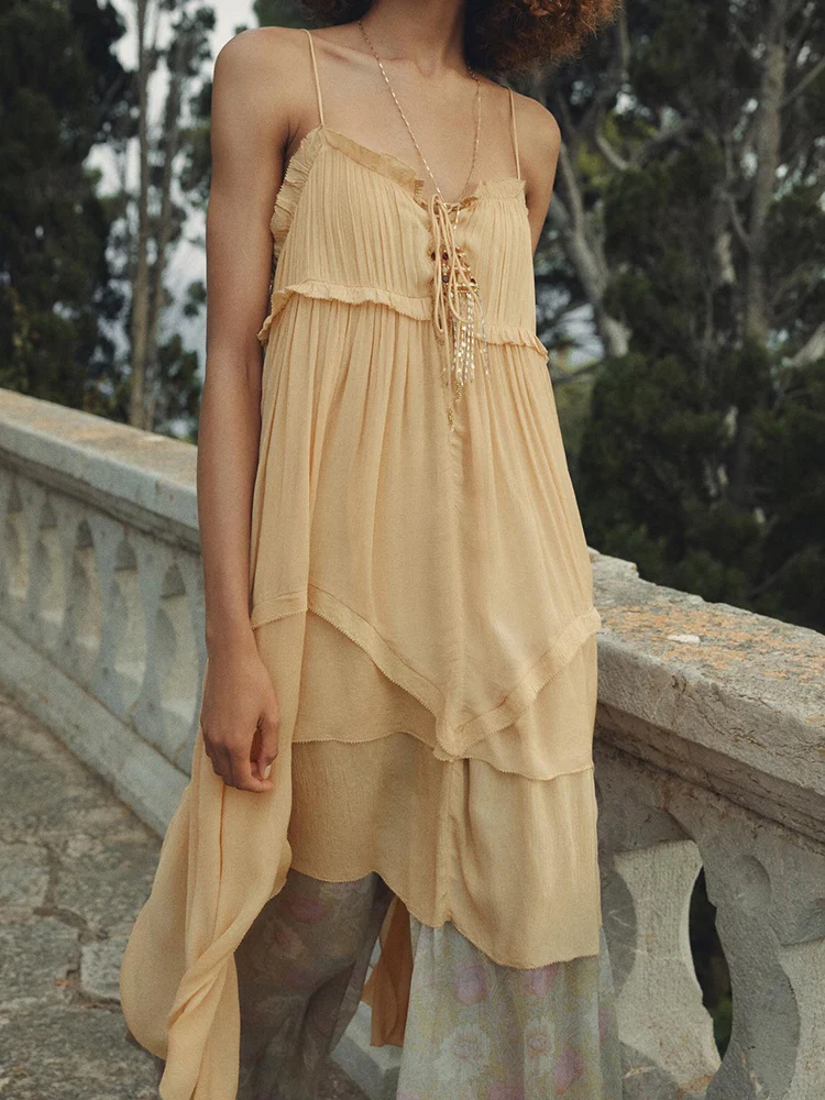 Summer 2025 New Women's Faion Sexy Strap Asymmetric Layered Decoration Dr Mid-length Svel Evening Gown Pure Color