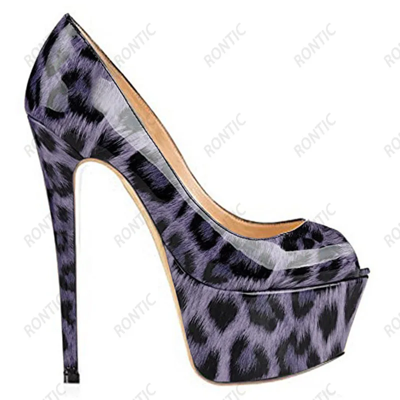 Rontic Handmade Women Platform Pumps Glossy Ultra High Heels Peep Toe Gorgeous Leopard Cosplay Shoes US Size 5-20