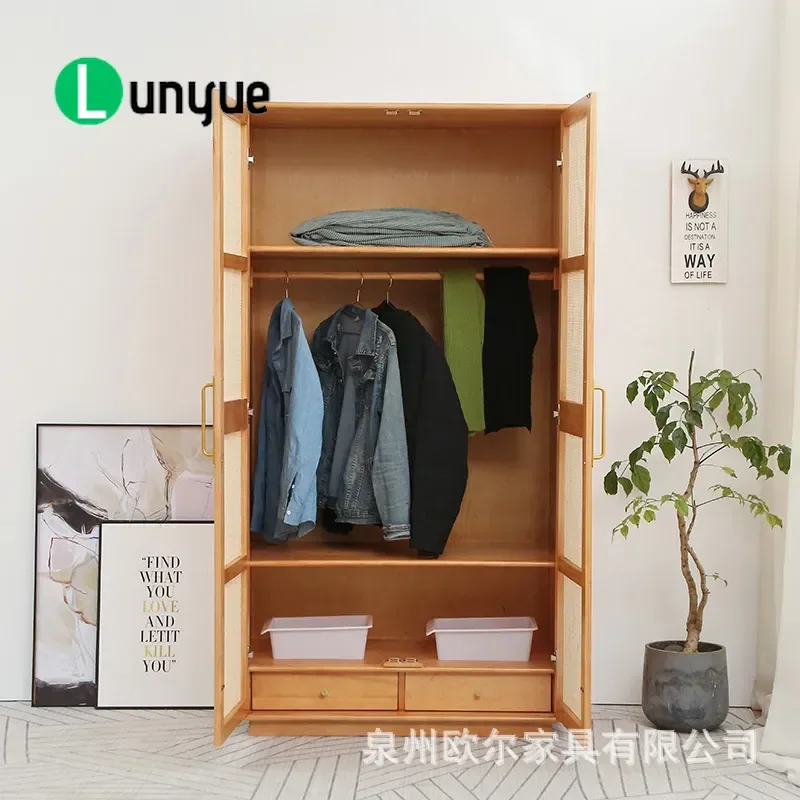 Nordic Solid Wood Wardrobe Double Door Rattan Clothes Locker Large Capacity Simple Bedroom Furniture Home Storage Cabinet