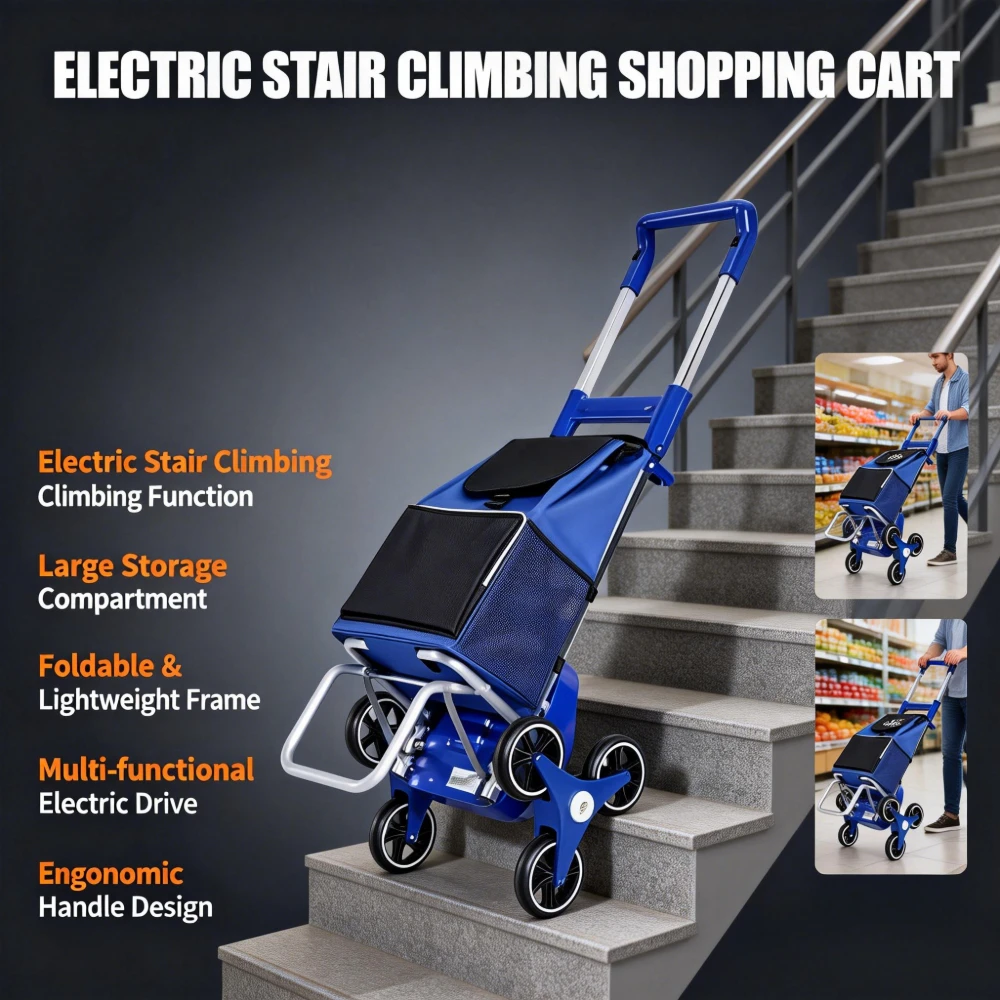 

Электрическая тележка для покупок для скалолазания по лестнице, складная моторизованная тележка для продуктов, портативная легкая тележка с аккумулятором, автомобиль для покупок