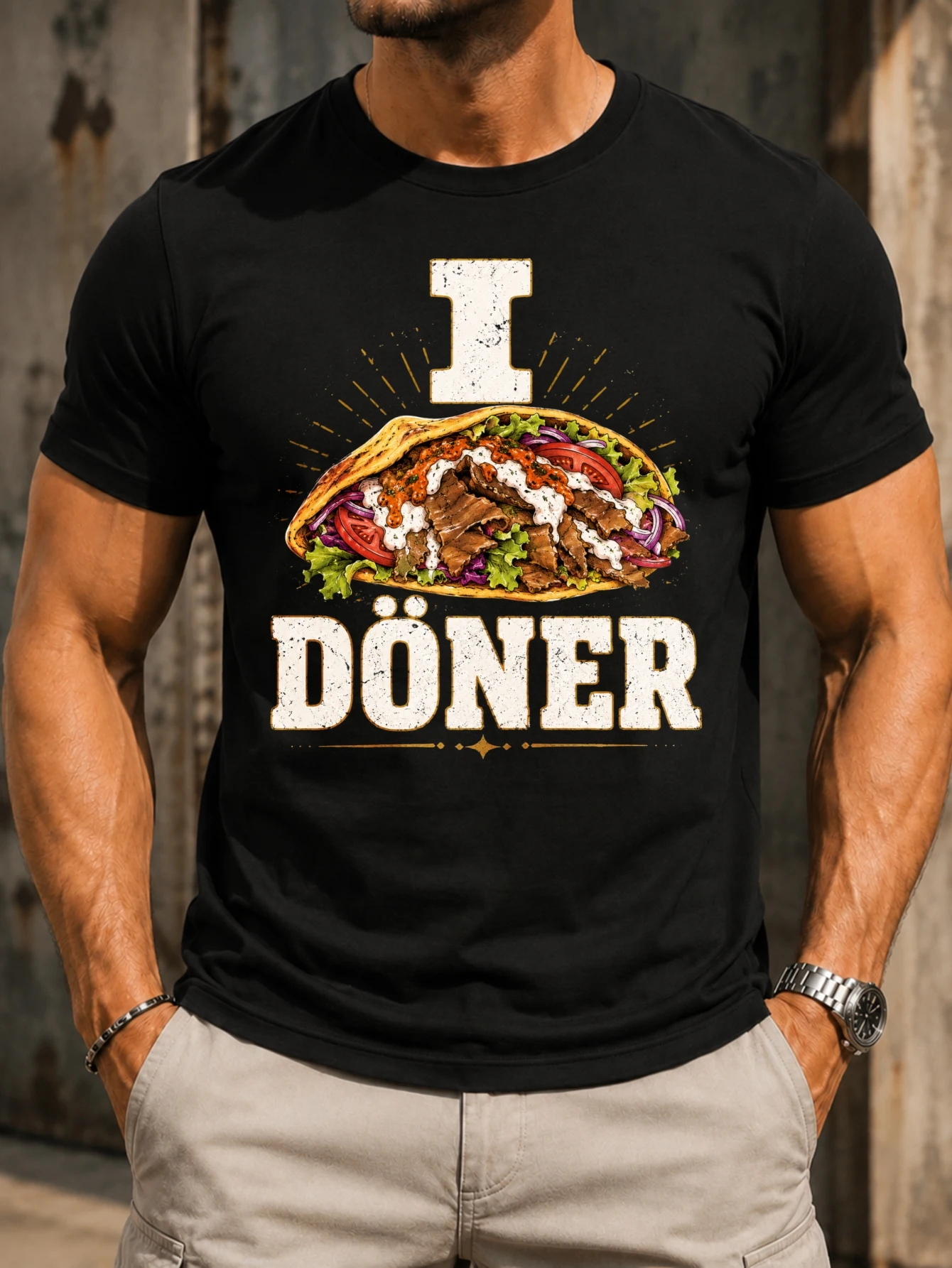 I Love Doner bold  letter I and kebab sandwich graphic with vegetables and sauce distressed food  Unisex All T-Shirt
