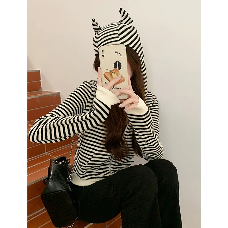 Black and White Striped Cardigan Hooded Zipper Long Sleeve Coat Women's Spicy Girl Little Devil Corner Design Top