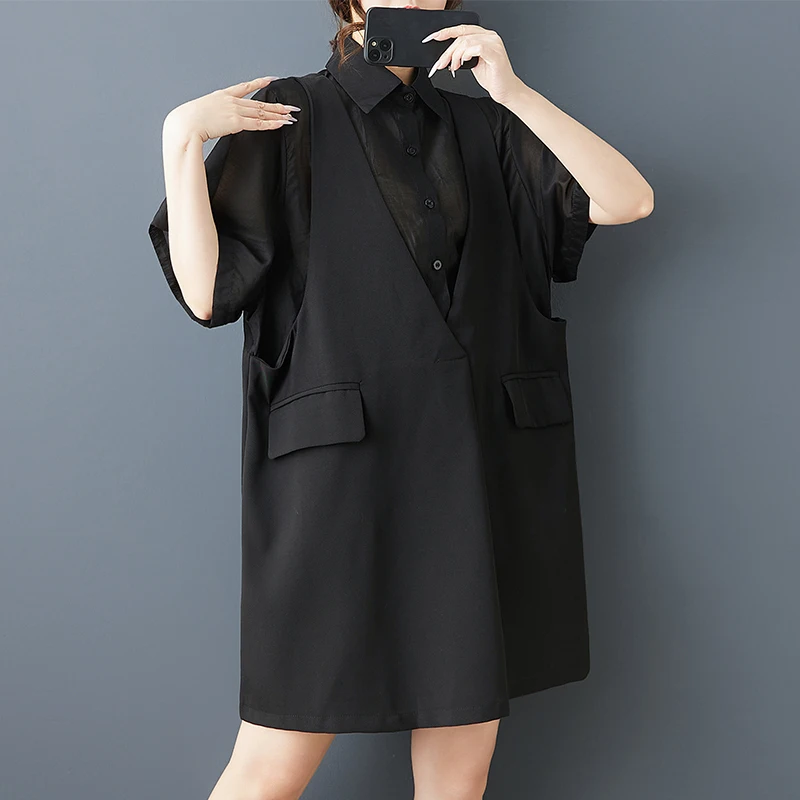 

Fashion Suit Shirt Dress for Women 2025 Summer New Polo Collar Solid Women Clothing Short Sleeve Fake Two Piece Black Women Tops