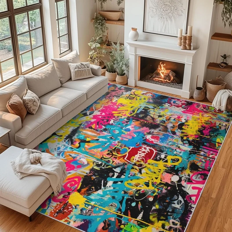 Colorful Abstract Graffiti Art Area Rug Urban Street Style Multicolor Print Carpet Hip Hop Home Decor Non-Slip Floor Mat