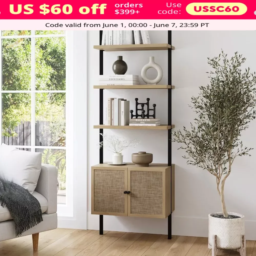 Bookcase with doors, Ladder 3 tier Open Storage Bookshelf with Rattan Drawers and Matte Steel Frame, Bookcase Bookshelf