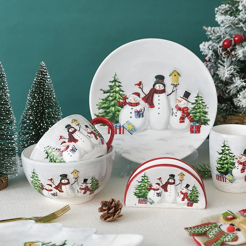 

Country Christmas Snowman Dishes Plate Set Embossed Rice Salad Bowl Western Ceramic Flat Plate Cup
